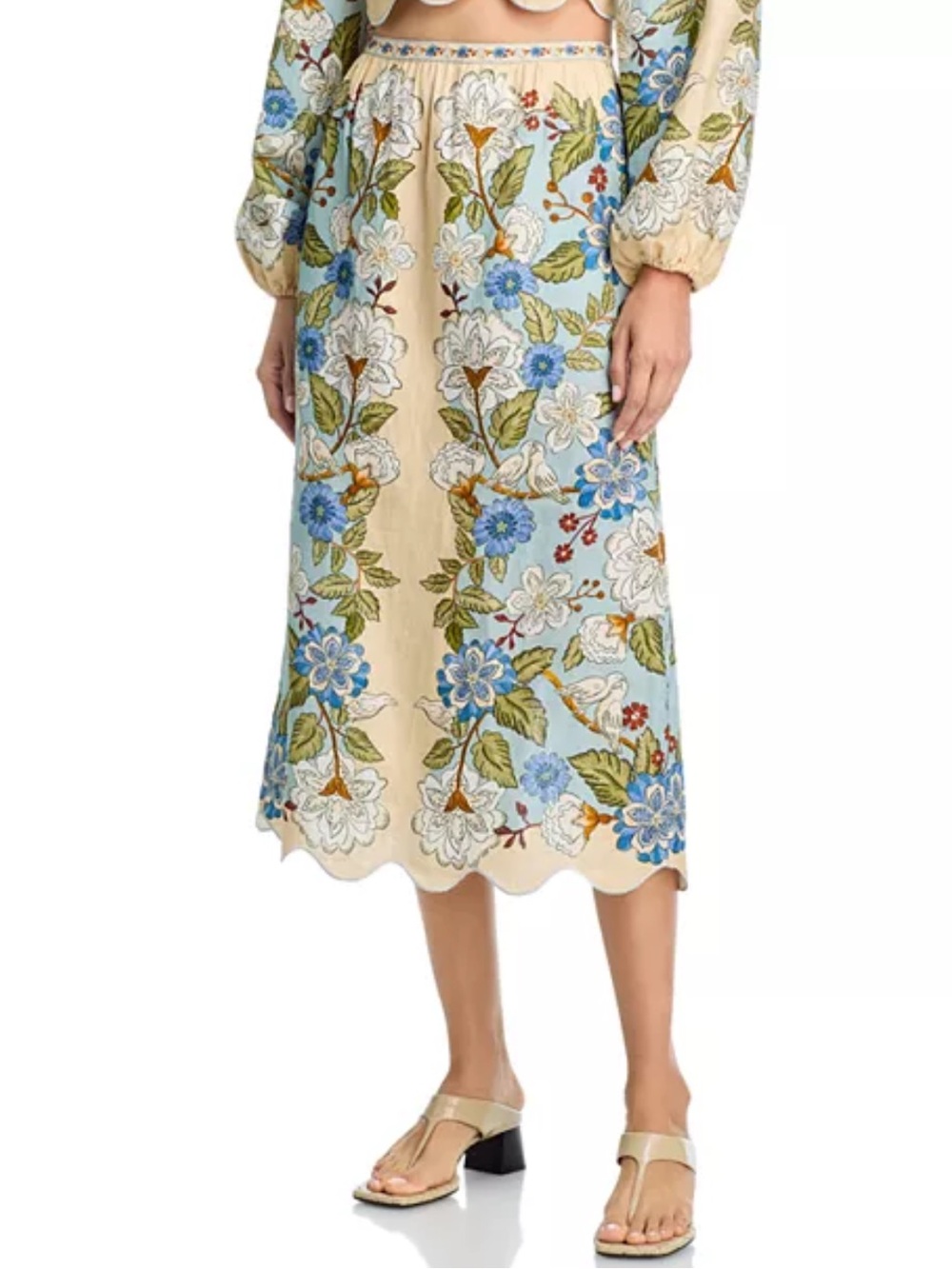 FARM Rio Floral Embroidered Scallop Hem Midi Skirt in Light Blue and Cream SMALL - Picture 4 of 5